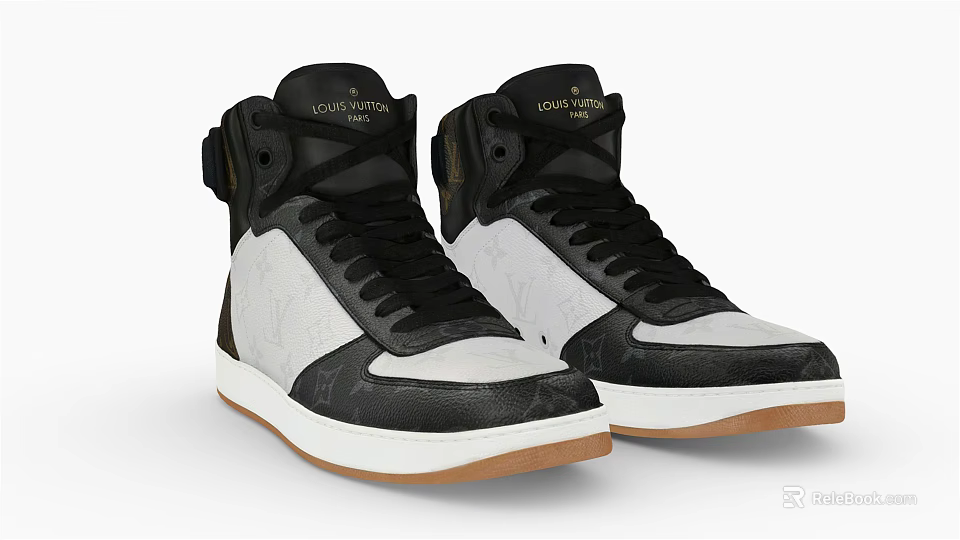 Black White Brown High Top Leather Sneakers With Stylish Design And Brown Sole 3d model 