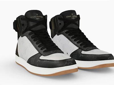 Black White Brown High Top Leather Sneakers With Stylish Design And Brown Sole 3d model