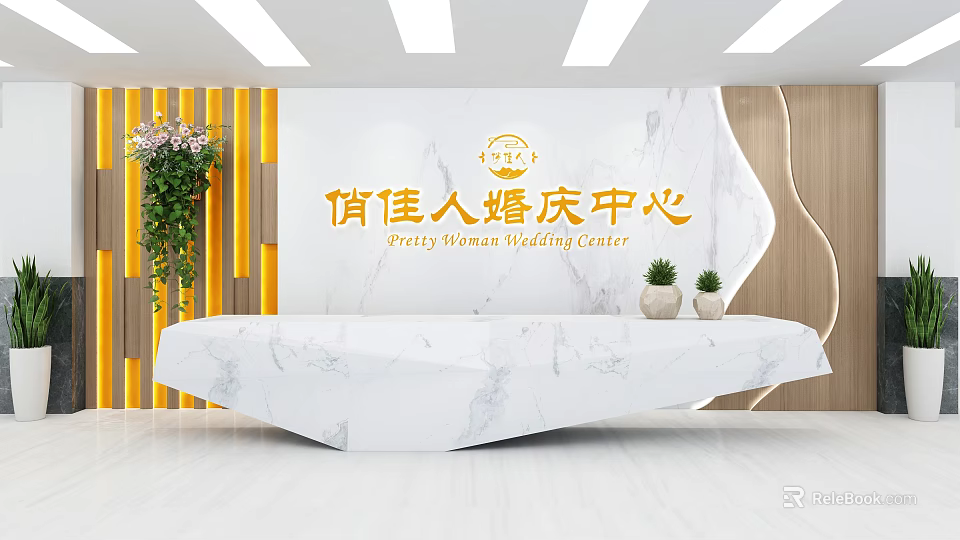 Wedding Center Front Reception Desk with Marble Countertop Green Plants and Background Design 3d model 