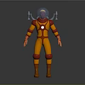 Sci Fi Game and Movie Character With Blue Helmet Orange Bodysuit Red Accents Mechanical Arms