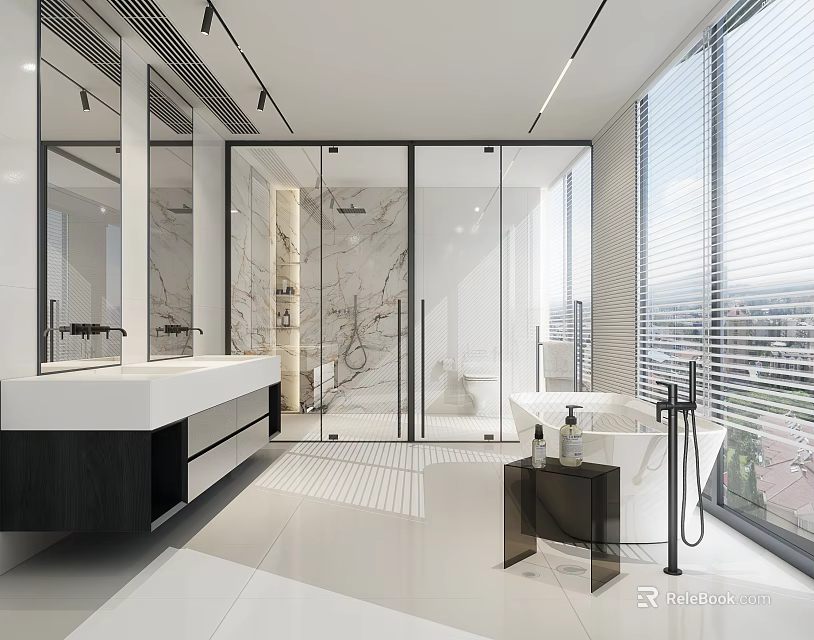 Contemporary Bathroom Interior Featuring Marble Walls Glass Shower Double Vanity Bathtub And Large Windows 3d model 