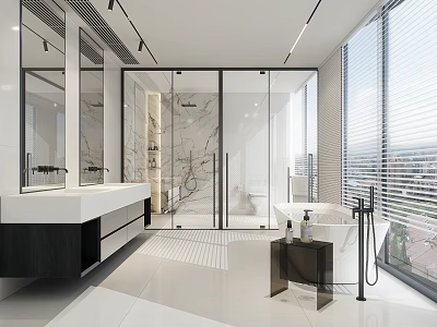 Contemporary Bathroom Interior Featuring Marble Walls Glass Shower Double Vanity Bathtub And Large Windows 3d model