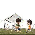 Modern Outdoor Camping Scene With Kids Playing Guitar And Drinking Beverage Near White Tent With Colorful Bunting