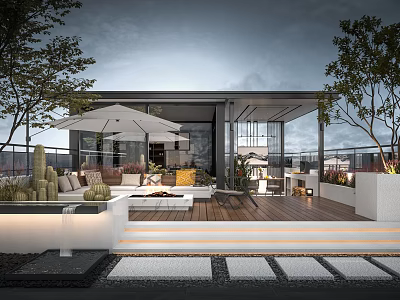 Modern Rooftop Garden With Wooden Deck White Umbrella Sofa Seating And Cactus Plants 3d model