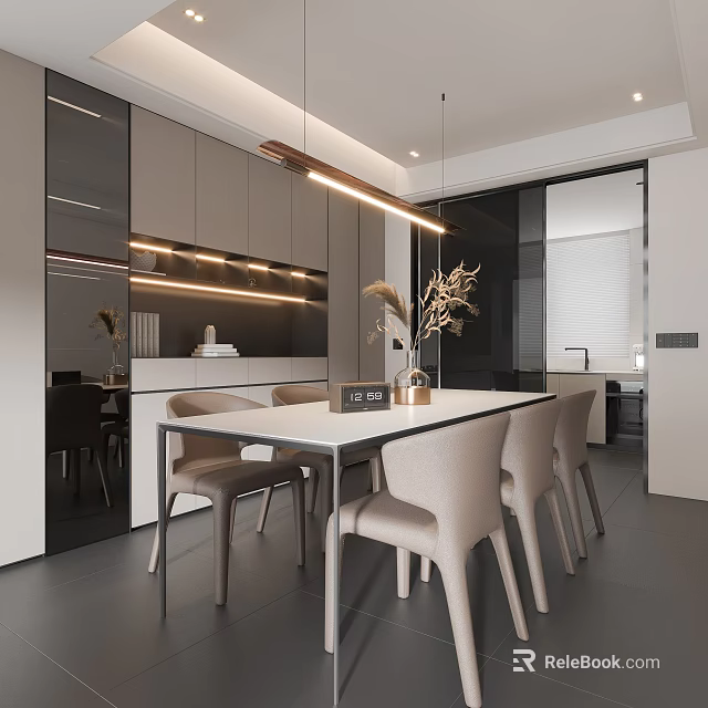 Modern Dining Room Interior Design With Dining Table Chairs Cabinets And Hanging Lights 3d model