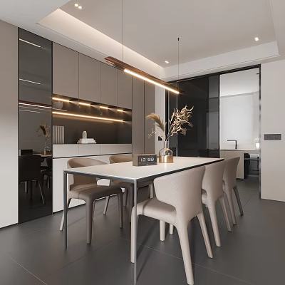 Modern Dining Room Interior Design With Dining Table Chairs Cabinets And Hanging Lights 3d model