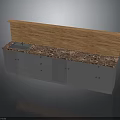 Modern Kitchen Cabinet With Gray Doors Marble Countertop Sink And Wooden Backsplash