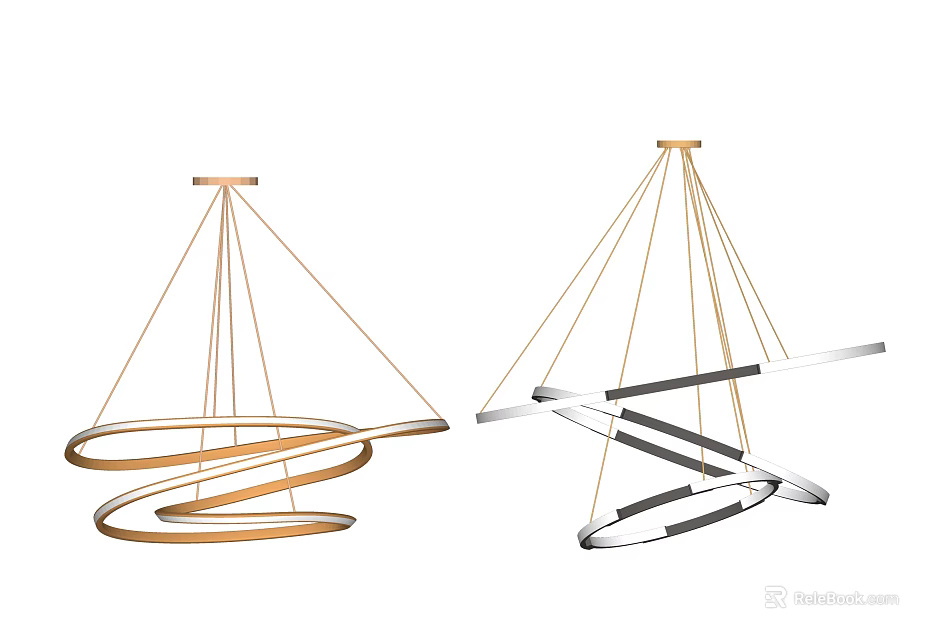Modern Spiral Chandelier Design With Wooden And Metallic Elements And Golden Cords 3d model 
