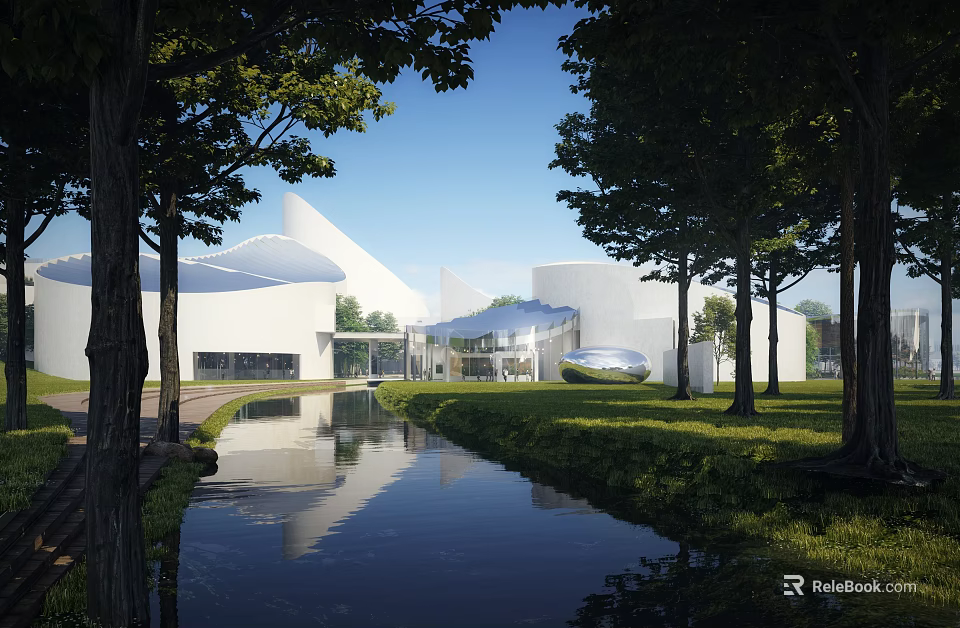 Modern Museum Building with Natural Surroundings Trees Pond Reflection Glass Elements and White Roof 3d model 