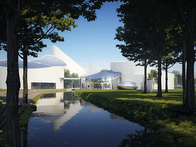 Modern Museum Building with Natural Surroundings Trees Pond Reflection Glass Elements and White Roof 3d model
