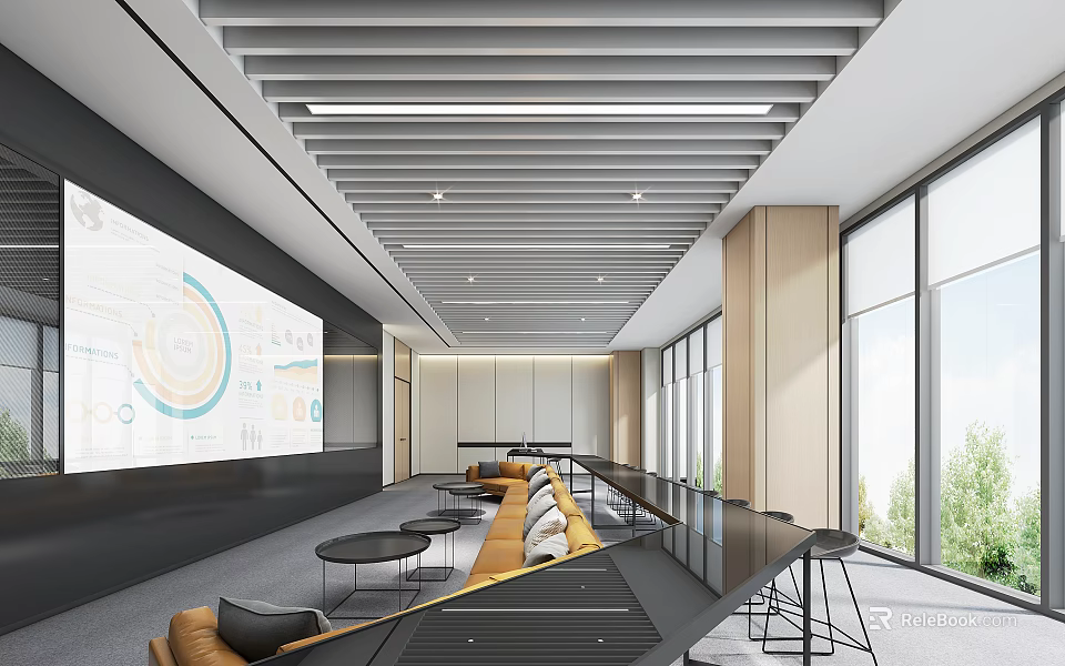 Modern Conference Room With Linear Ceiling Large Projection Screen Charts Long Table And Orange Sofas 3d model