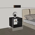 Modern Glass Top Nightstand With Metal Frame And Round Table Lamp Next To Upholstered Bed