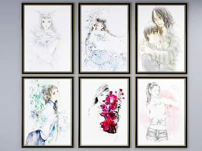 Framed Figure Paintings With Various Figures Floral Details And Long Hair 3d model