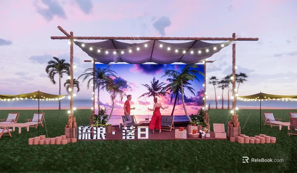 Sunset Check in Photo Spot With Wooden Pergola String Lights Palm Trees On Lawn 3d model 