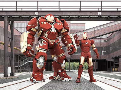 Large Hulkbuster and Standard Iron Man Characters in Industrial Area with Rail Tracks 3d model