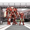 Large Hulkbuster and Standard Iron Man Characters in Industrial Area with Rail Tracks