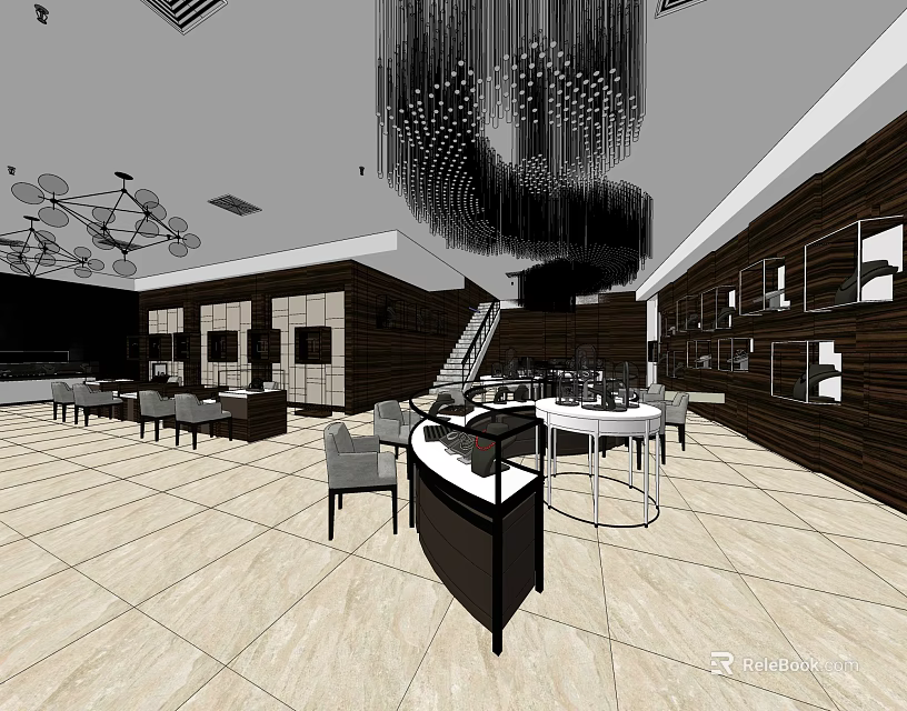 Luxurious Jewelry Store Interior With Glass Display Cases Elegant Chandeliers And Marble Floors 3d model 