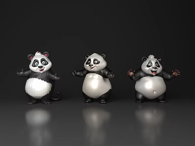 Three Adorable Reptile Plush Toys Standing On Dark Background With Reflections 3d model