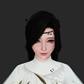 Game and Movie Character in Traditional Costume With Bamboo Leaf Patterns Long Hair and Flowy Sleeves
