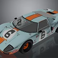 Light blue classic race car with orange stripes and number 6 body design