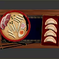Dragon Patterned Red Bowl With Steaming Noodles And Dumplings On Tray
