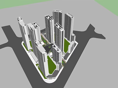 Modern High Rise Buildings Complex With Central Green Spaces And Surrounding Roads 3d model