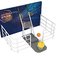 Interactive Air Basketball Art Installation Featuring Blue Screen White Railing And Yellow Ball