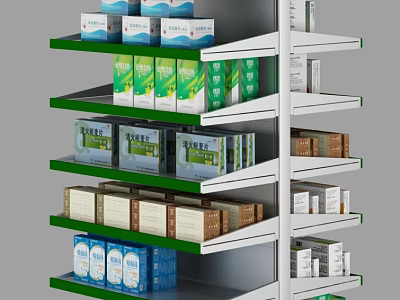 Organized Medicine Shelf with Various Medicine Boxes on Multiple Green Shelves 3d model