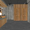 Public Restroom Interior With Wooden Walls Washbasins Chandelier And Gray Floor