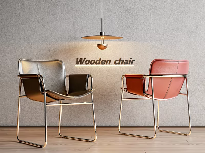 Wooden Dining Chairs With Black And Pink Colors Metal Frame And Hanging Lamp Indoor 3d model