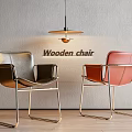 Wooden Dining Chairs With Black And Pink Colors Metal Frame And Hanging Lamp Indoor