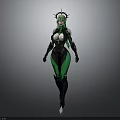 Futuristic Female Character With Green Hair And Crown Headpiece In Black Green Tight Suit