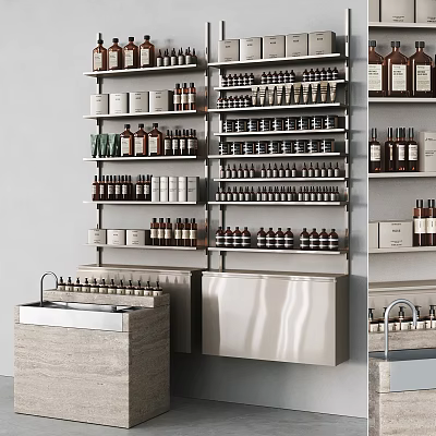 Perfume and Cosmetics Retail Display With Organized Shelves And Various Bottles 3d model