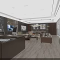 Modern Office Interior Design With Sofas Bookshelves TV Large Windows And Wooden Flooring