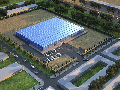 Industrial Factory Building Large Blue Roof Structure With Surrounding Greenery Parking Lot And Entrance Area 3d model