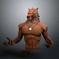 Wolf Headed Humanoid Creature With Muscular Body Brown Fur Gold Pendant And Sharp Claws