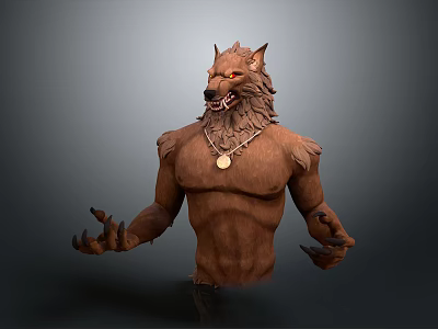 Wolf Headed Humanoid Creature With Muscular Body Brown Fur Gold Pendant And Sharp Claws 3d model