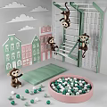 Kids Playground Equipment With Climbing Frame Monkey Dolls Ball Pit Cloud Decorations And Colorful Houses