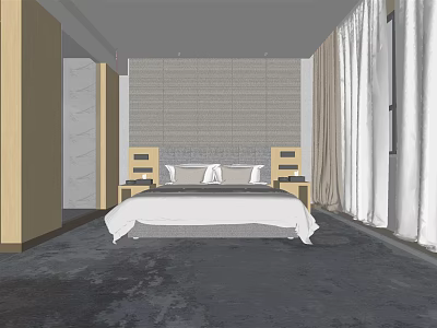 Modern Hotel Guest Room Interior Design With Bed Bedside Tables Curtains And Carpet 3d model