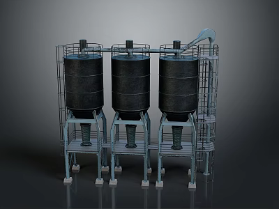 Three Heavy Duty Industrial Metal Tanks With Support Frames And Platform 3d model