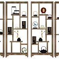 Chinese Style Wooden Antique Display Shelf With Decorative Teapots Vases And Artifacts