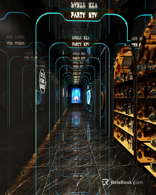Modern Party KTV Corridor With Neon Lights Wine Racks And VIP Room 3d model 