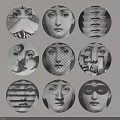 Nine Circular Artistic Decorative Pieces Featuring Different Abstract Face Designs And Patterns 3d model