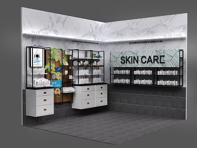 Modern Skin Care Display Shelves with Marble Walls Tiled Floor and Lighting 3d model