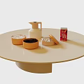 Modern Round Light Colored Coffee Table With White Jug Brown Containers And Red Box 3d model
