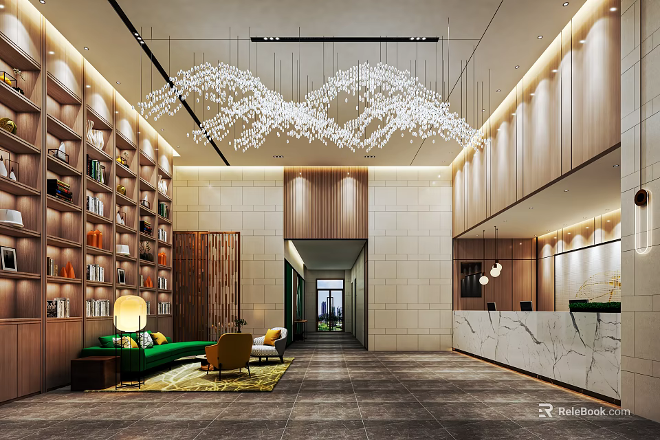 Modern Hotel Lobby Interior With Wooden Bookcases Green Sofa Crystal Chandelier And Marble Reception Desk 3d model 