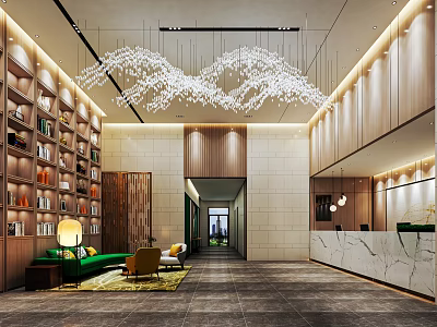 Modern Hotel Lobby Interior With Wooden Bookcases Green Sofa Crystal Chandelier And Marble Reception Desk 3d model