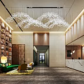 Modern Hotel Lobby Interior With Wooden Bookcases Green Sofa Crystal Chandelier And Marble Reception Desk