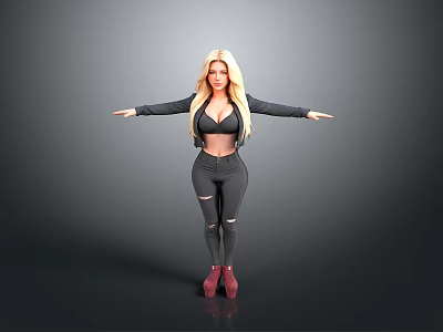 Blonde Woman In Black Long Sleeve Top And Ripped Leggings With Red Shoes Arms Outstretched 3d model