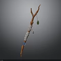 Slender Human Shaped Sculpture With Twigs White Fabric Blue Straps And Green Ball